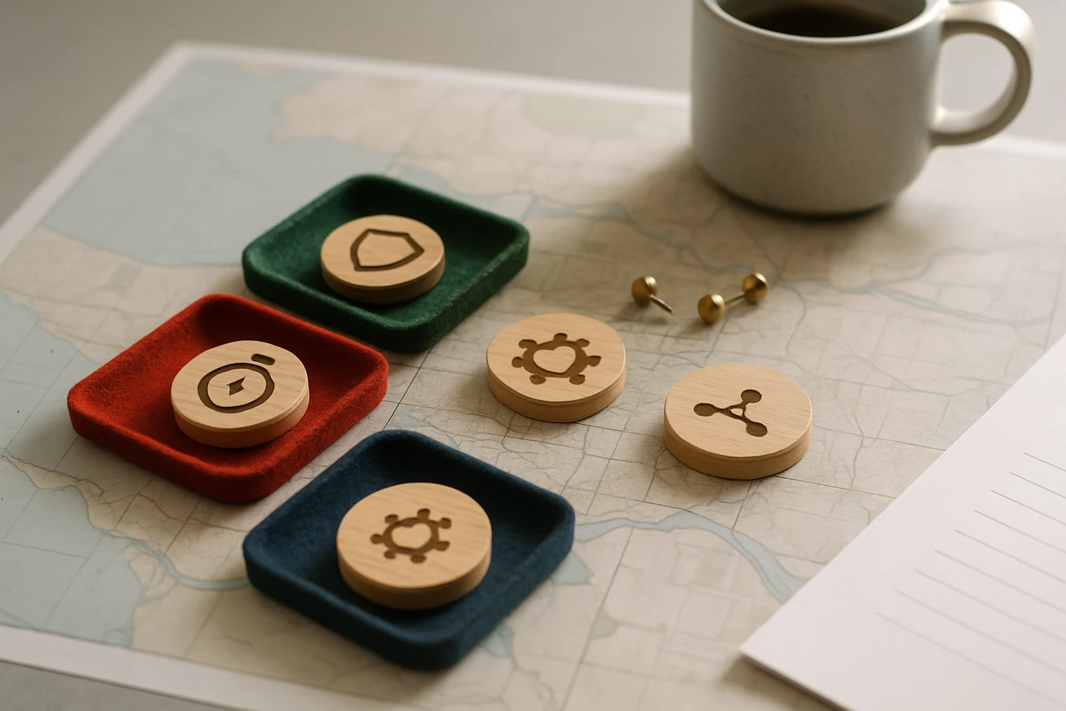 Flatlay of vendor-selection kit and map with tokens and pins