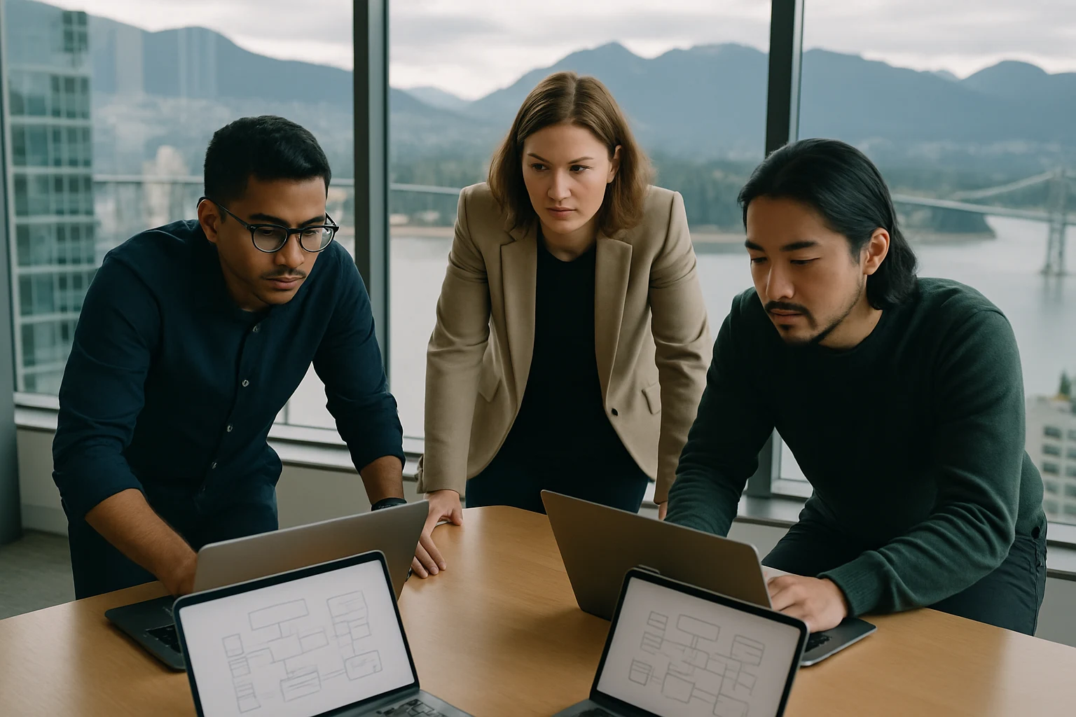 IT team strategizing with harbor skyline in background