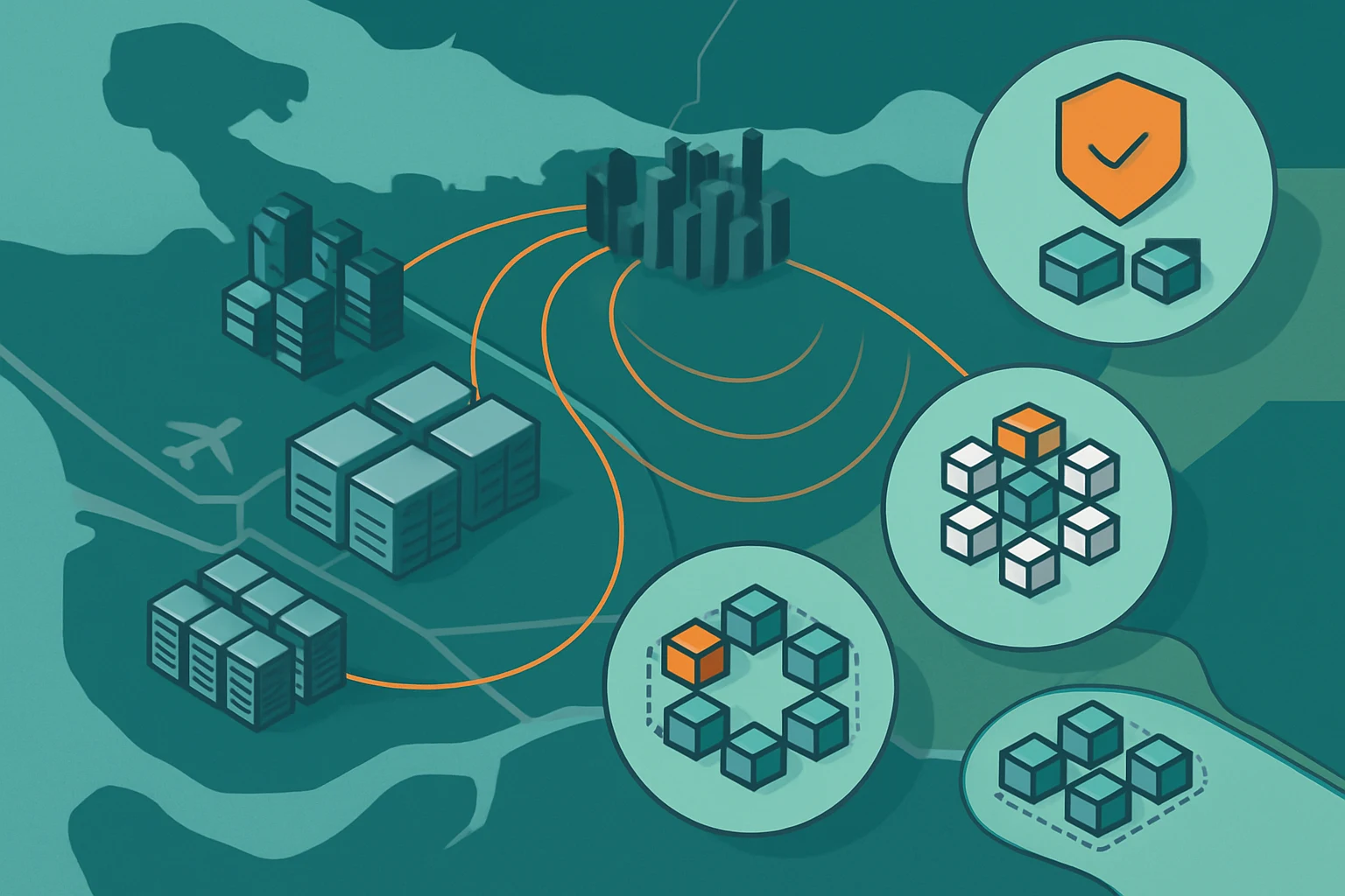Isometric map showing network links and secure data zones