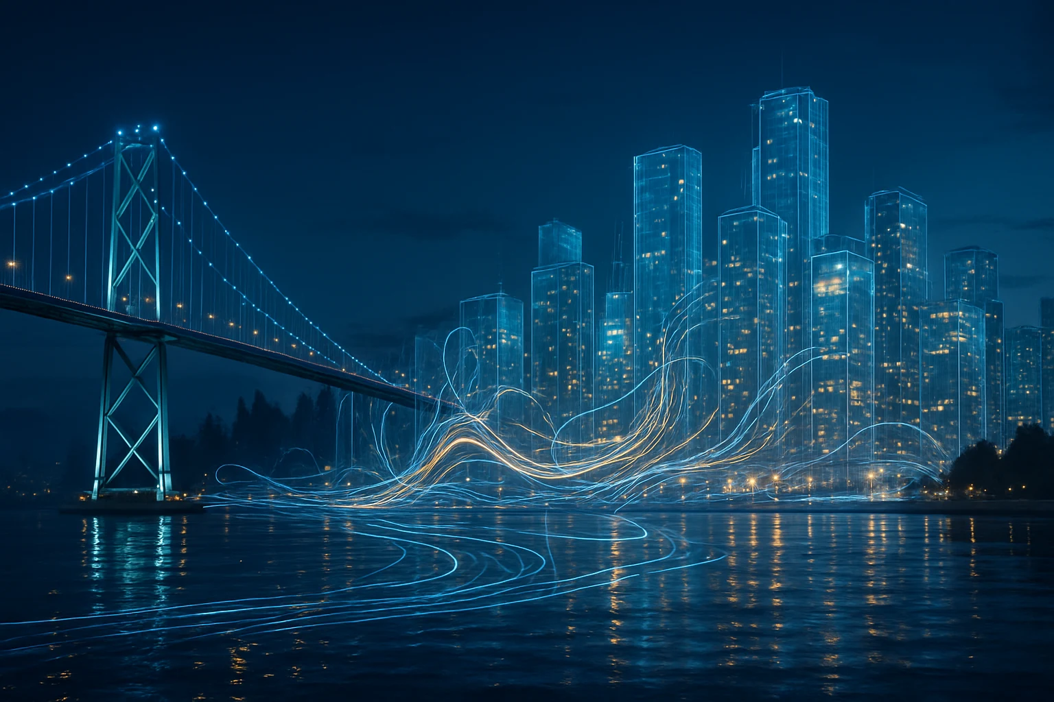 Harbor skyline fused with digital light trails