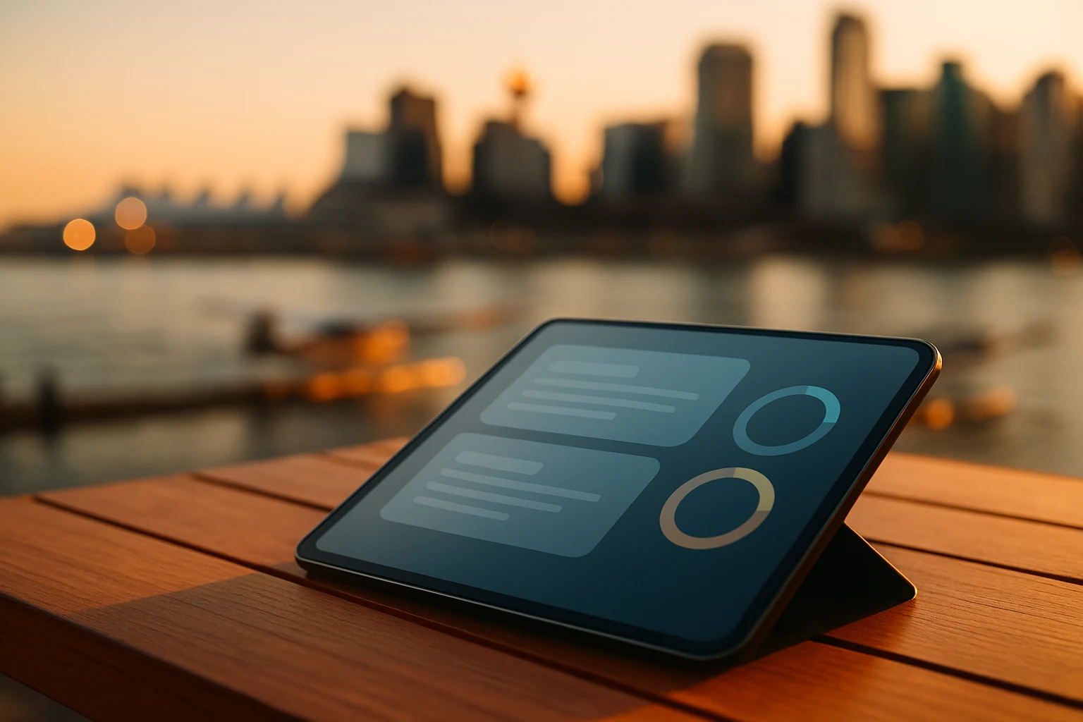Tablet reflecting Vancouver waterfront with abstract mobile layout