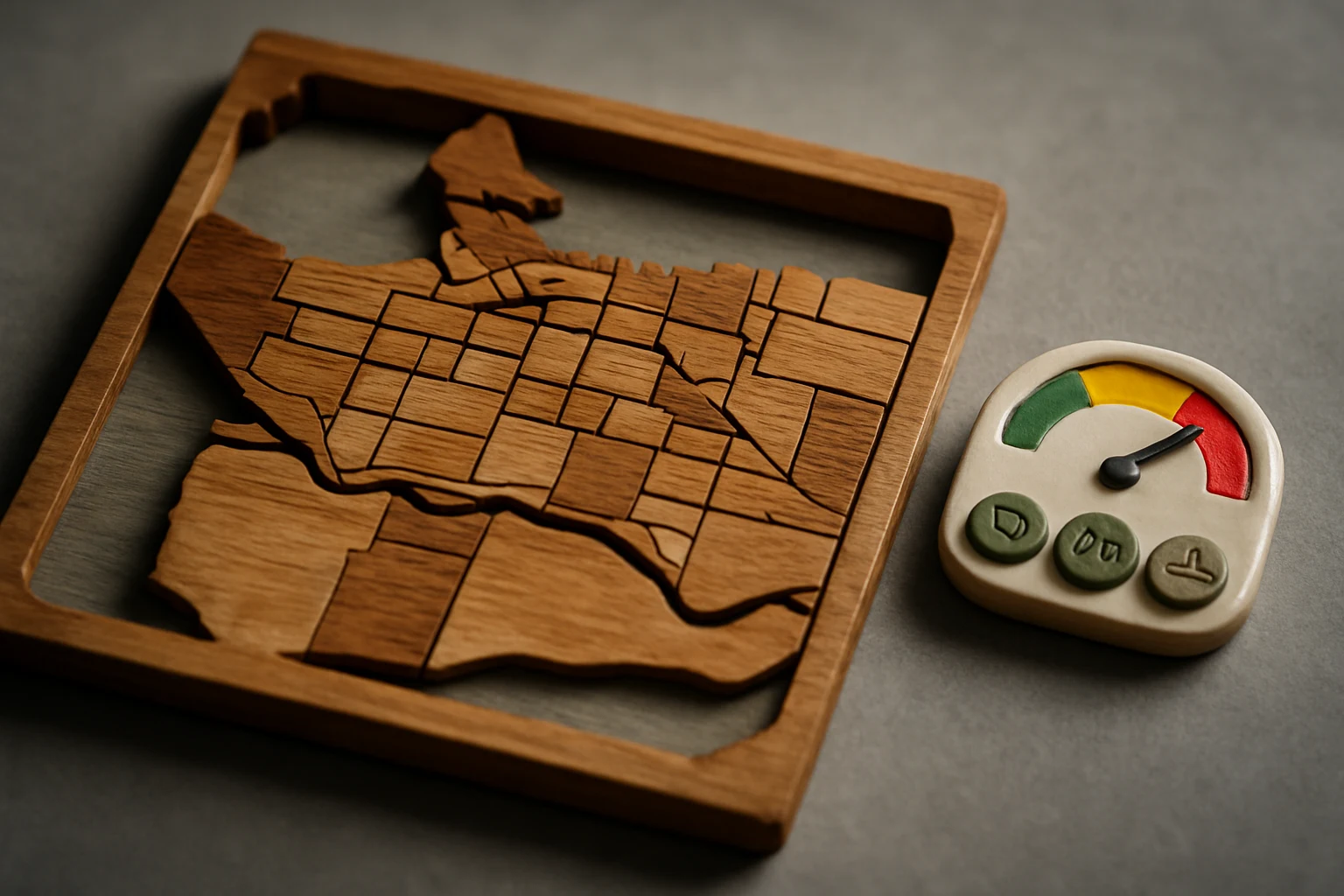 Diorama of colored performance gauge beside a wooden city model