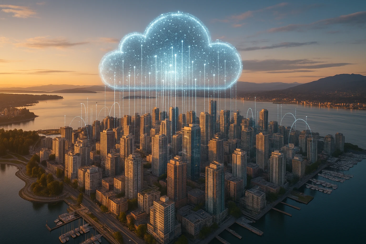 Vancouver skyline with digital data cloud overlay.