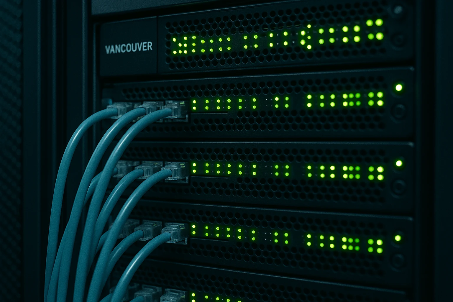 Close-up of server rack in a Vancouver data center.
