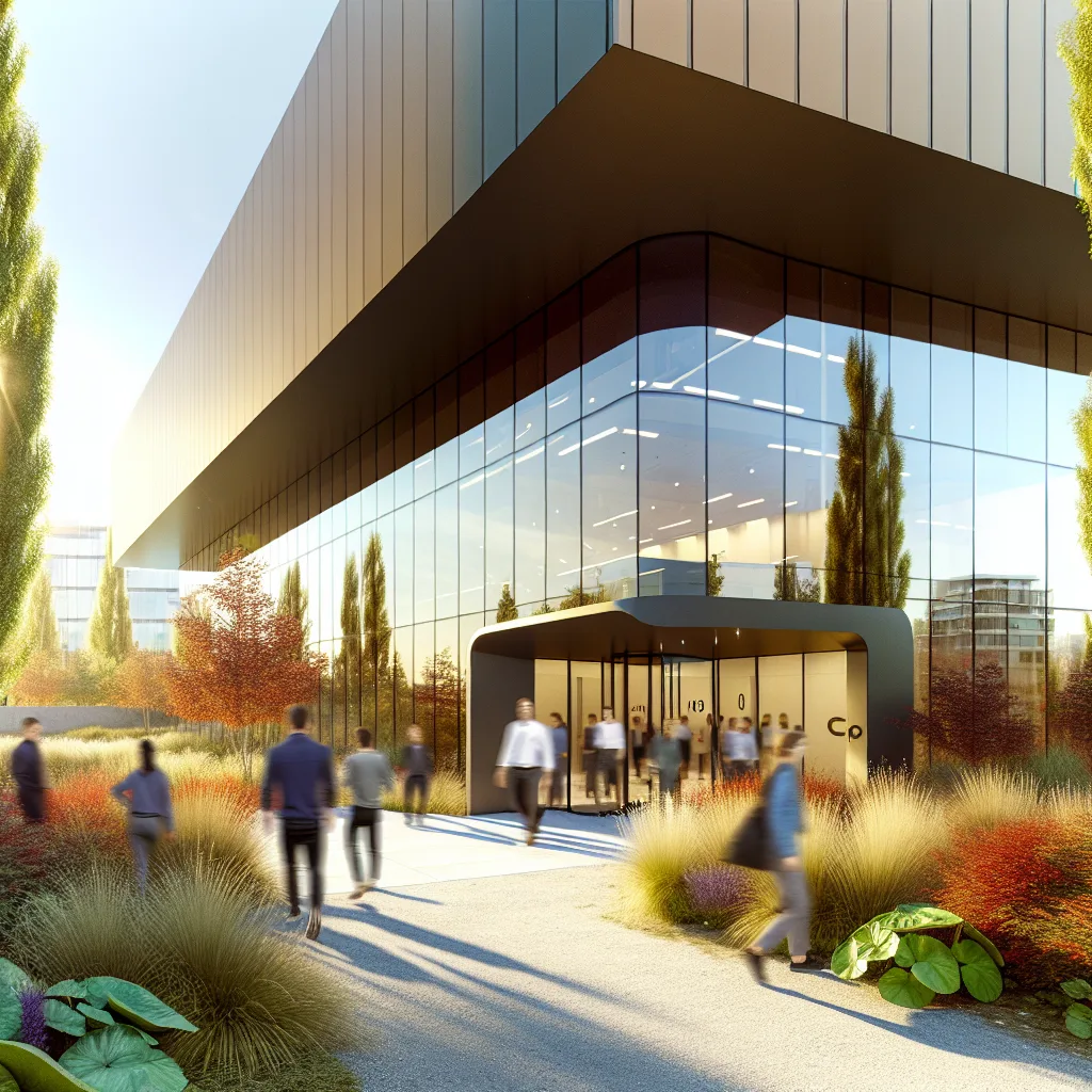 digital transformation Vancouver - An exterior shot of a modern tech company building in Vancouver, featuring sleek architecture and greenery. The image is taken during golden hour, casting warm natural light on the facade. The composition should include people entering the building, reflecting a vibrant business environment. Capture the essence of innovation and technology adoption in the local context, shot from eye level for a   business innovation technology adoption