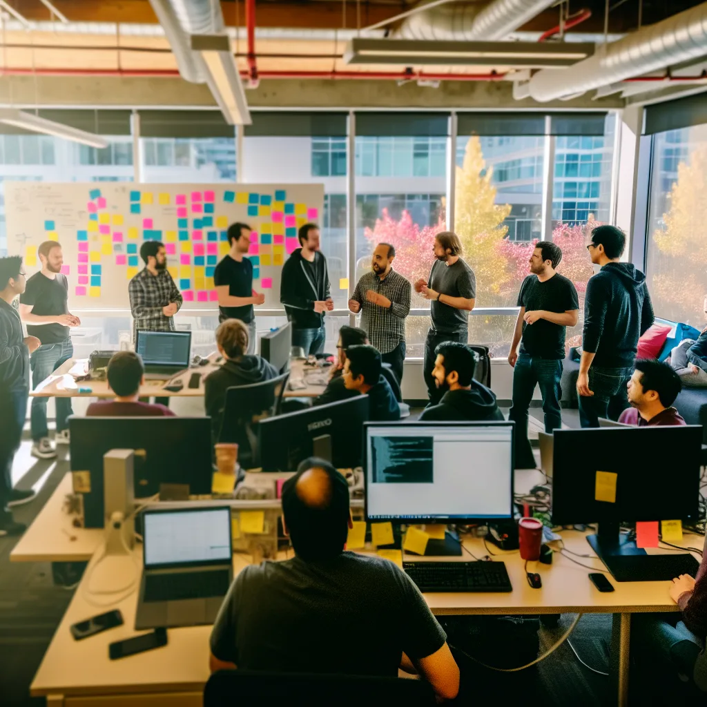 software development lifecycle - A bustling tech office in Vancouver with diverse professionals collaborating on software projects, natural light streaming through large windows. The scene captures a mix of Agile and DevOps practices in action, with sticky notes and digital devices visible. The camera angle is slightly elevated, focusing on a team discussing a project on a whiteboard, creating an engaging and dynamic atmosphere.  Agile DevOps