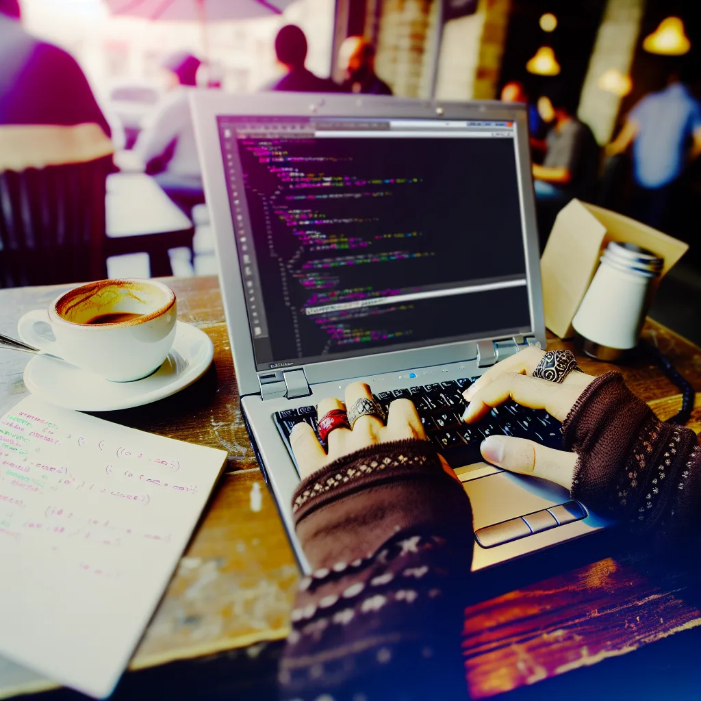 software development lifecycle - A close-up of a software developer's hands typing on a laptop, surrounded by coffee cups and coding notes. The scene is set in a cozy Vancouver café, with warm, natural lighting creating an inviting mood. The shallow depth of field emphasizes the hands and laptop, while the café background adds context to the software development process.   Agile DevOps