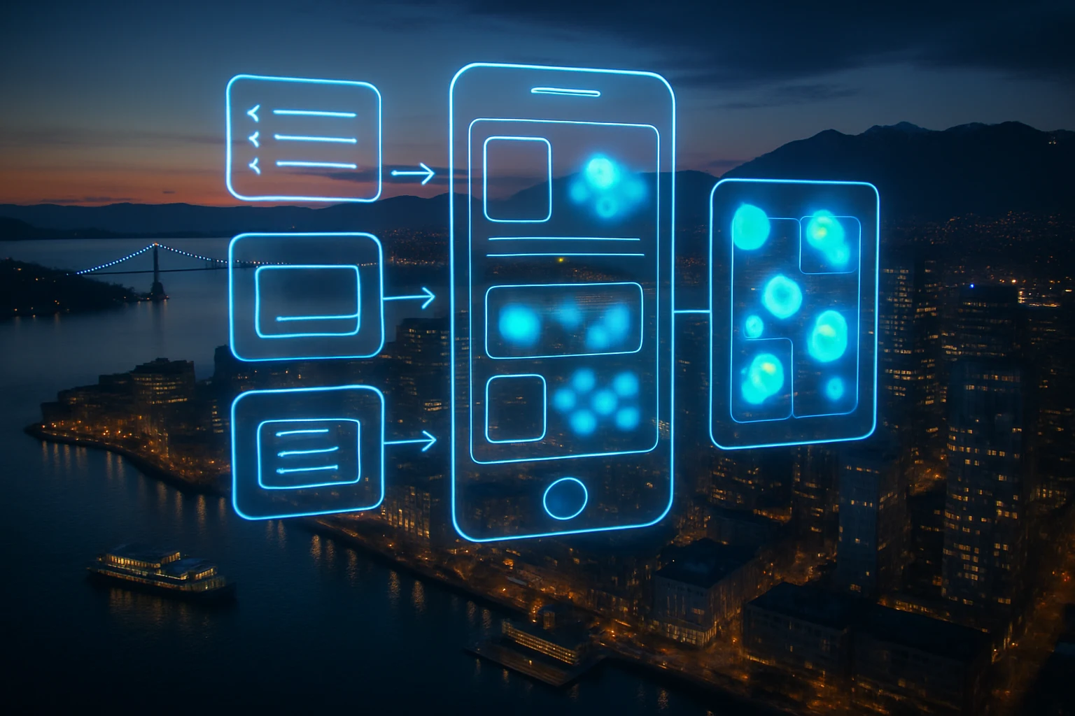 Holographic user-flow hovering over a downtown harbor at dusk