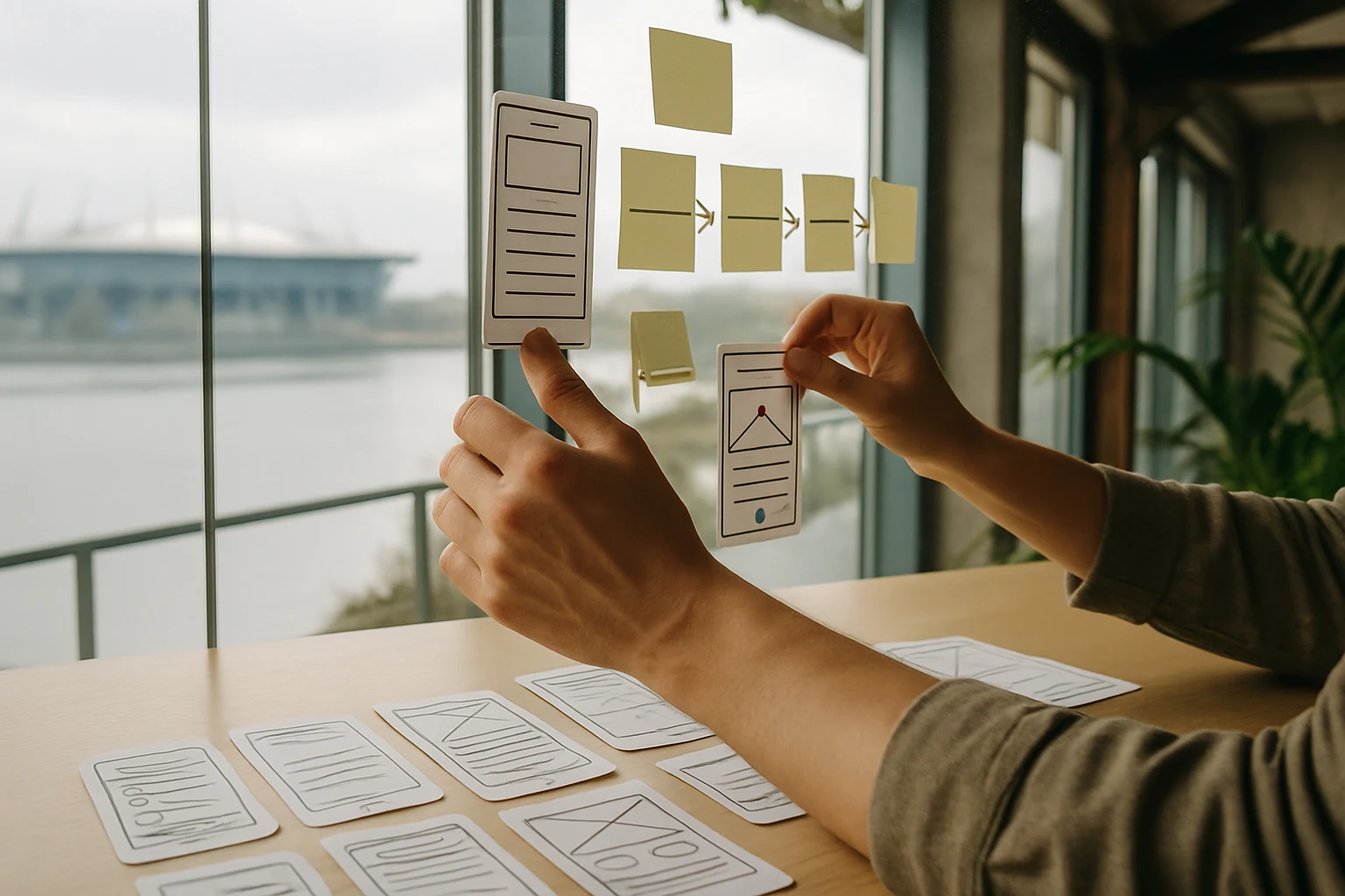 Design team prototyping by a large waterfront studio window
