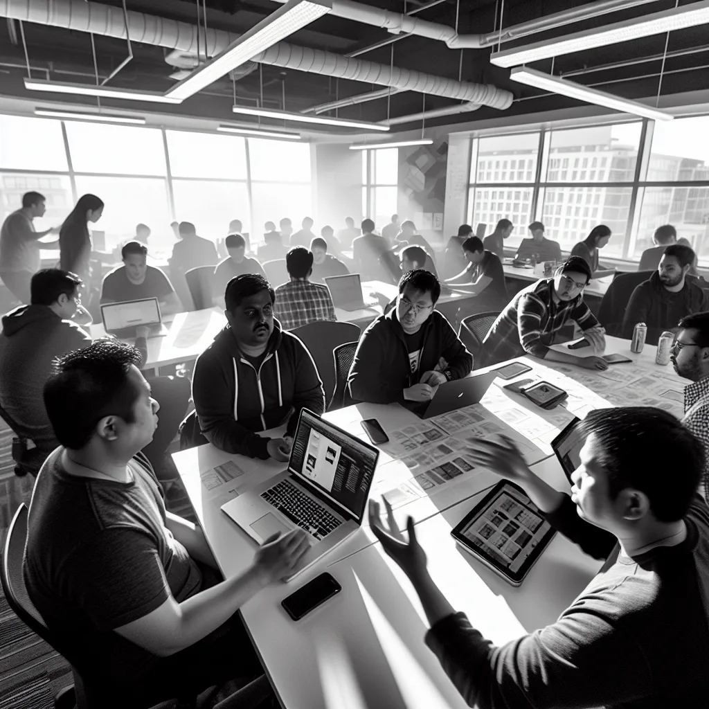 Vancouver app development - A bustling Vancouver tech office with developers collaborating over app designs. Natural light streams through large windows, casting soft shadows. The camera angle captures a dynamic scene with diverse team members engaged in discussion, along with laptops and digital mockups on the table. The overall mood is energetic and innovative, showcasing the collaborative spirit of Vancouver's app scene. app design mobile apps