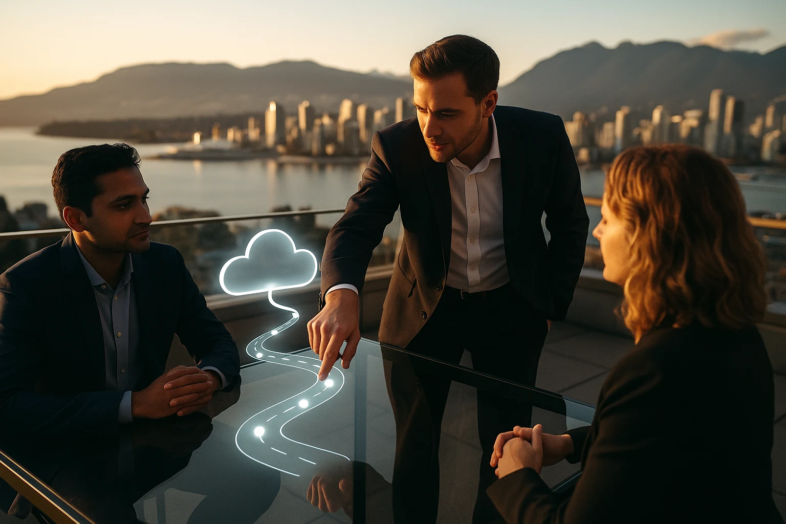 Rooftop meeting with holographic roadmap over a skyline