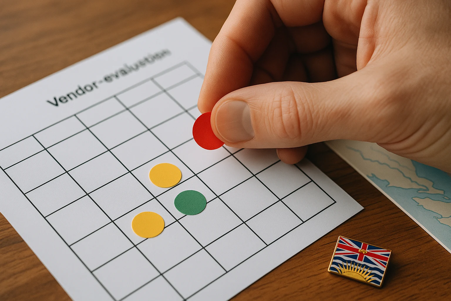 Hands marking scores on a vendor evaluation matrix