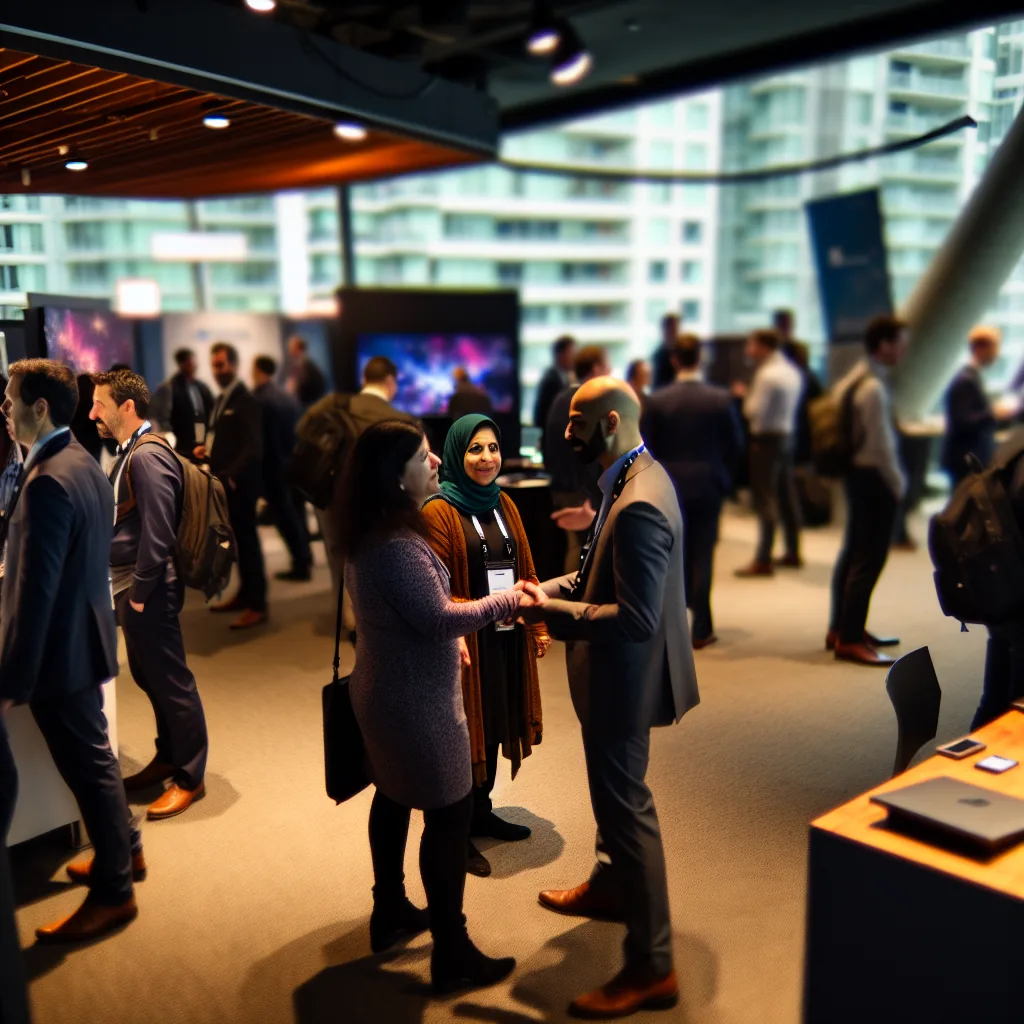 Vancouver tech events - A bustling tech conference in Vancouver, showcasing a diverse crowd of professionals engaging in discussions. The scene captures attendees networking at booths with tech displays, natural light flooding the room. A DSLR shot from a slightly elevated angle to emphasize the vibrant atmosphere, with a shallow depth of field focusing on two participants shaking hands in the foreground. networking conferences