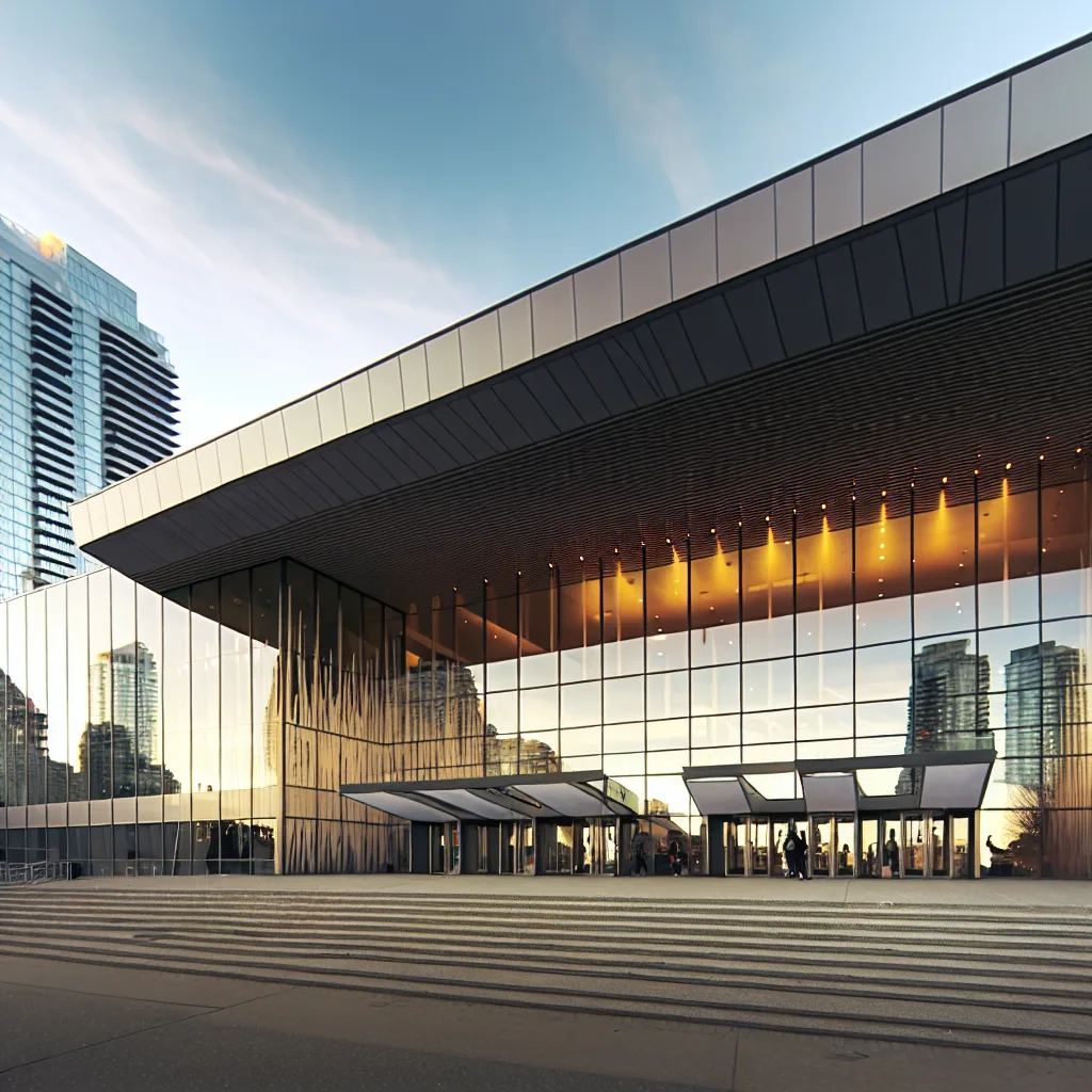 Vancouver tech events - An exterior view of a modern conference venue in downtown Vancouver, featuring a sleek architectural design with large glass windows reflecting the city skyline. The scene is captured during golden hour, with warm, soft lighting that enhances the building's features. A wide-angle shot to capture the venue's scale, surrounded by people arriving for an event. networking conferences