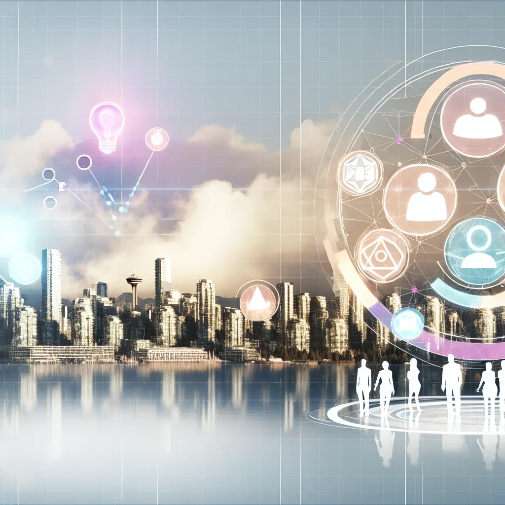 Vancouver Web Development Trends - A professional illustration depicting a futuristic Vancouver skyline with web development elements integrated into the buildings, such as AI icons and sustainable design features. The scene should be vibrant and modern, with a blend of natural and technological aesthetics. Include diverse people interacting with digital interfaces in the foreground, showcasing user experience and engagement. Use a 2024 technology