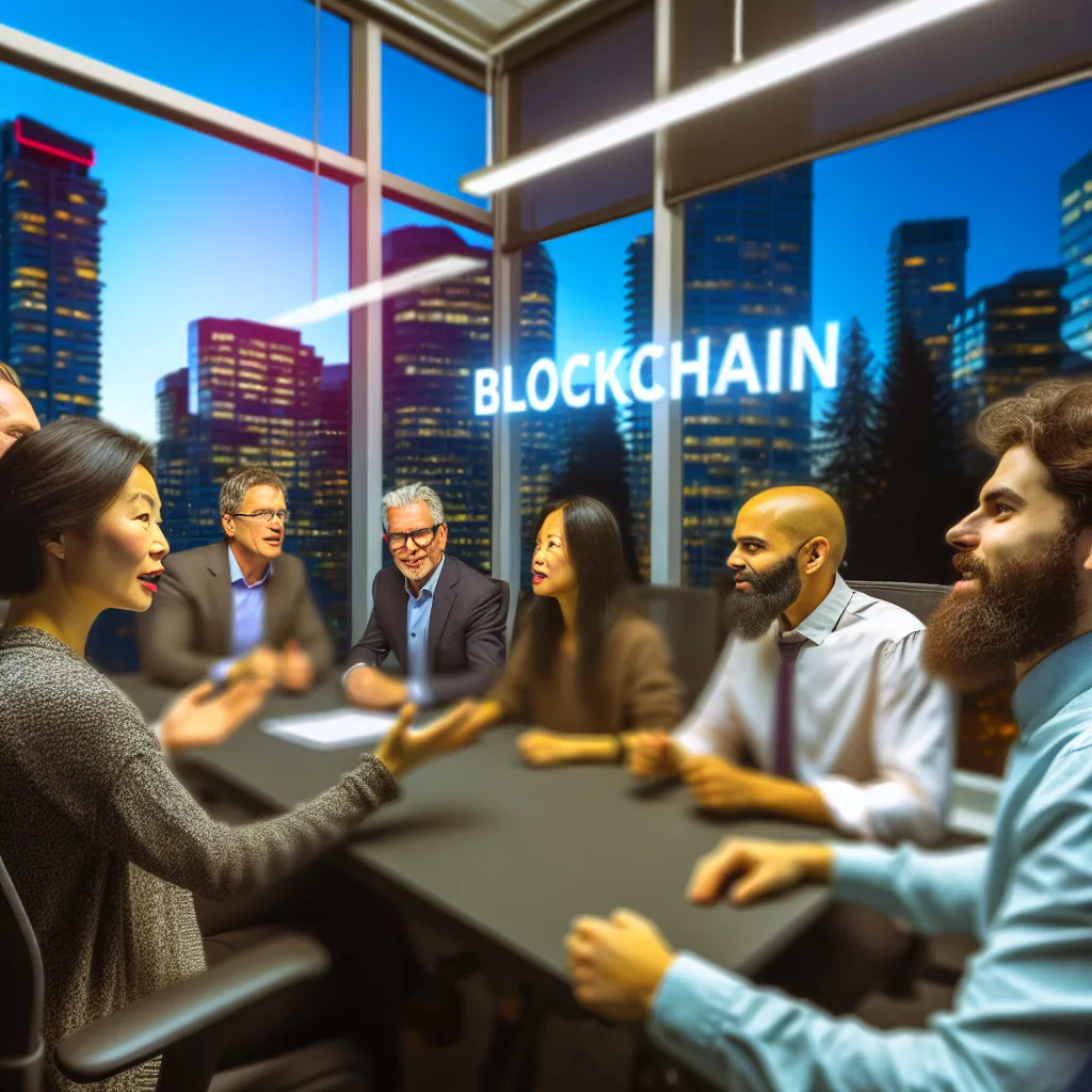 Vancouver blockchain services - A bustling office environment in Vancouver with professionals discussing blockchain strategies. The scene captures a diverse group of individuals engaged in a meeting, with a large window showcasing the Vancouver skyline bathed in natural light. Shallow depth of field focuses on their animated expressions. DSLR quality, emphasizing a collaborative atmosphere. blockchain development Vancouver cryptocurrency tech