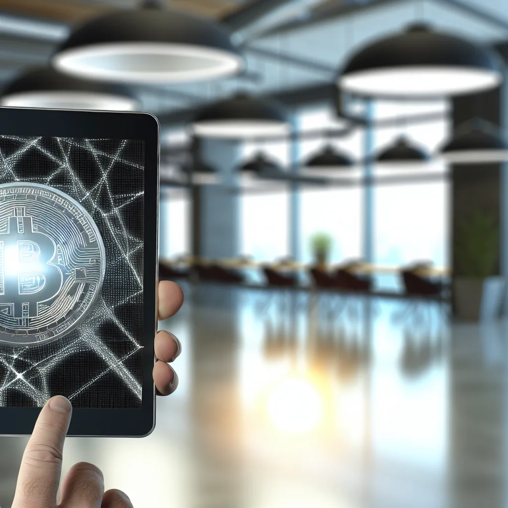 Vancouver blockchain services - A close-up shot of a blockchain ledger displayed on a tablet, with a hand holding a cryptocurrency token nearby. The background features a modern Vancouver office with soft, natural light streaming in. The focus highlights the intricate details of the ledger and token, creating an engaging visual for blockchain technology. blockchain development Vancouver cryptocurrency tech