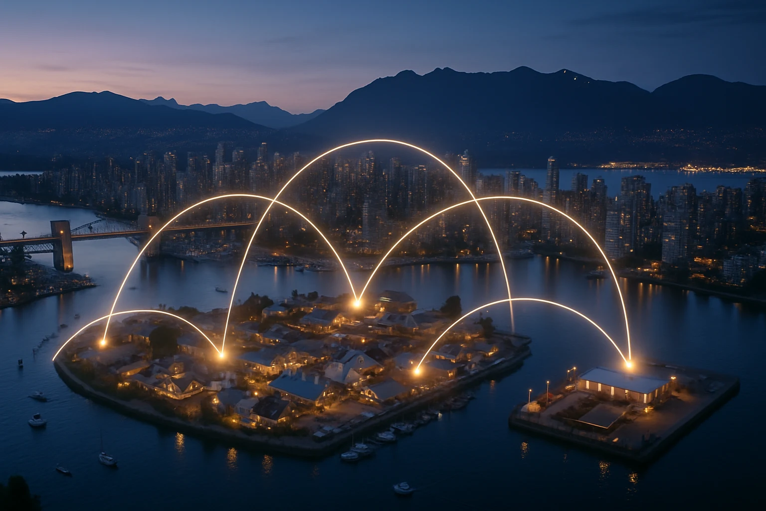 Twilight waterfront with glowing network arcs over the city.