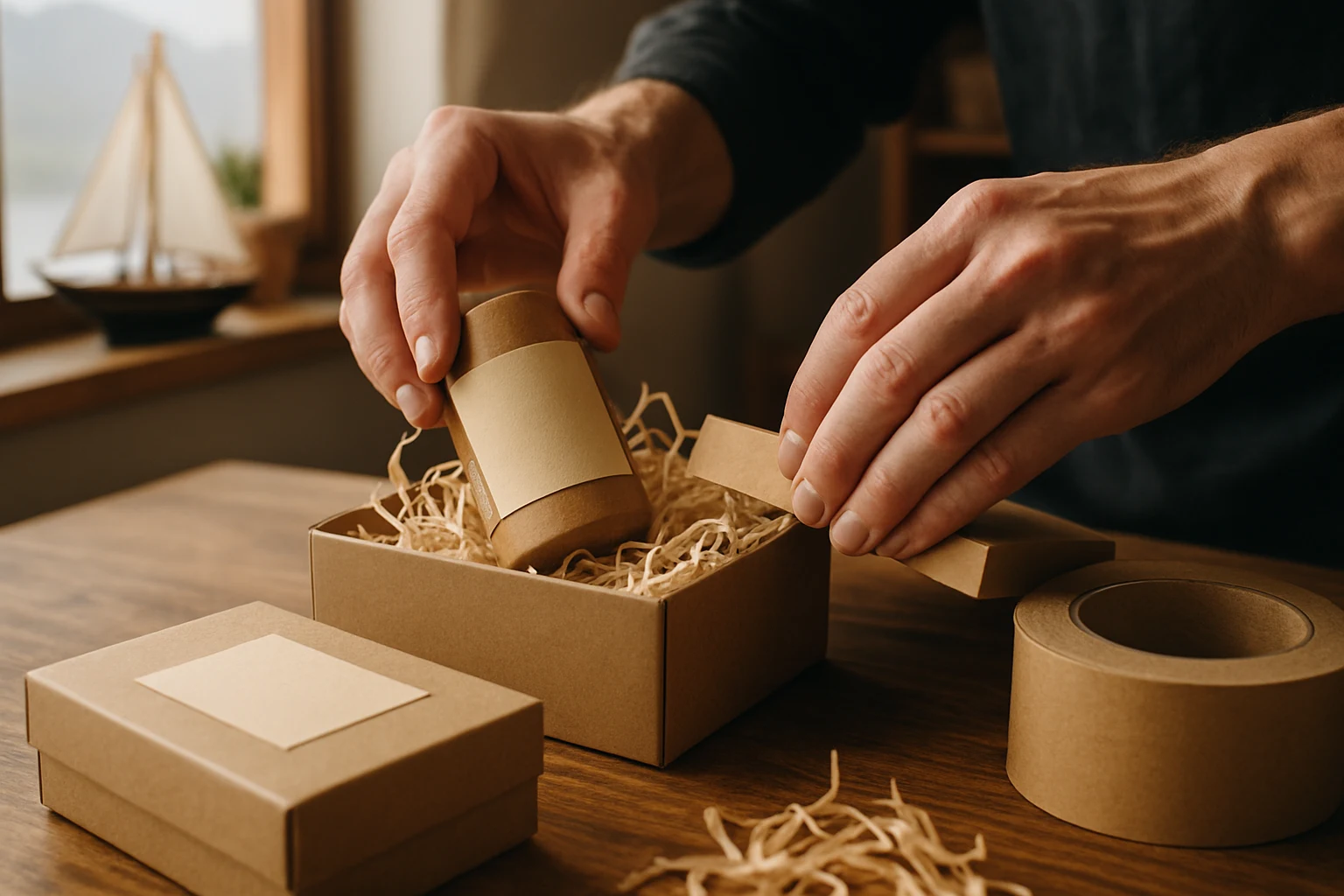 Hands packing a handmade product on a wooden table.